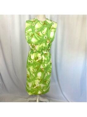Vintage 60s Dress Blouson Women’s Elasticized Waist Green & White Floral Retro